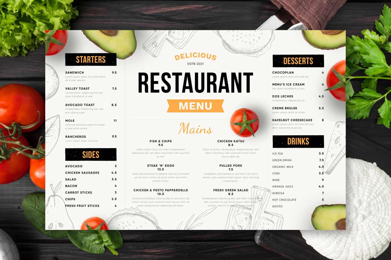 Meni restorana na belom papiru sa slikama voća i povrća