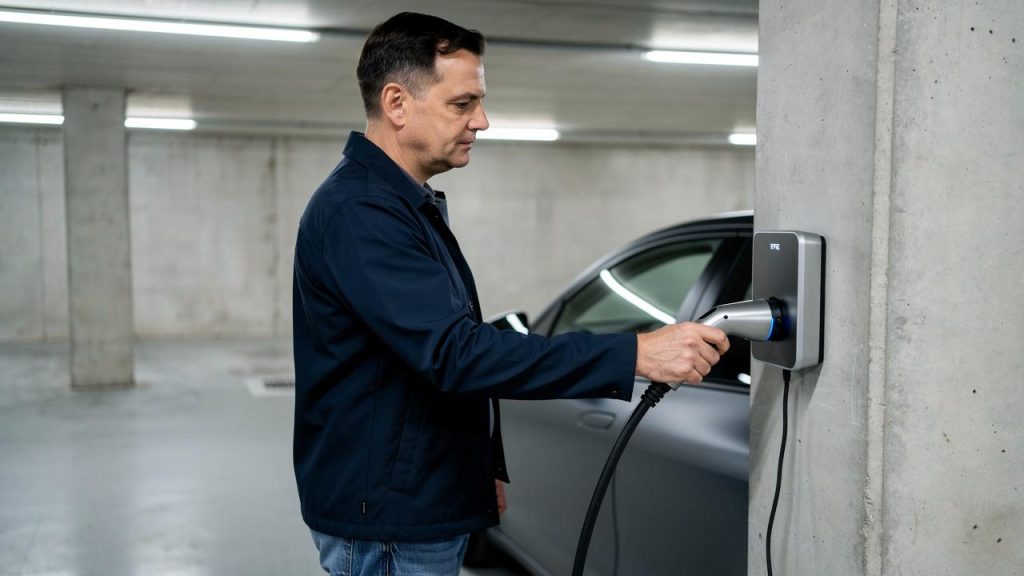 Muškarac priključuje kabl za punjenje na električni automobil u garaži