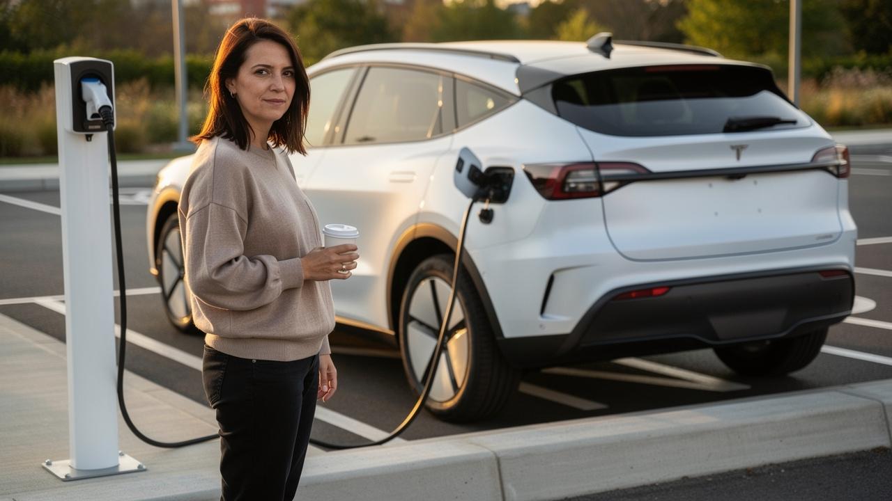 Žena stoji pored električnog automobila koji se puni držeći papirnu čašu